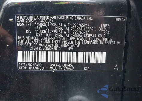 2013 Toyota Rav4 Xle z USA, uszkodzony, nr VIN 2T3RFREV0DW079010